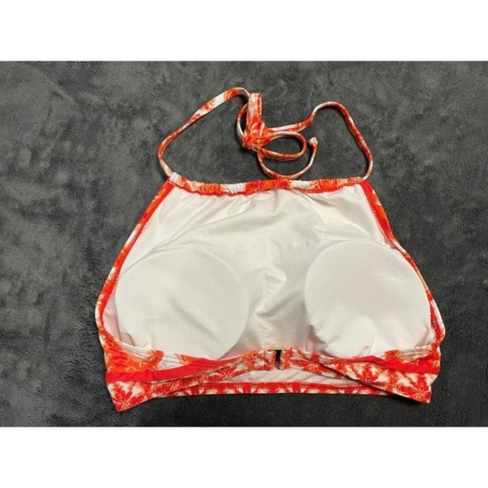 Michael Kors Medium Bikini Top Women Orange White Damask High‎ Neck Halter Swim